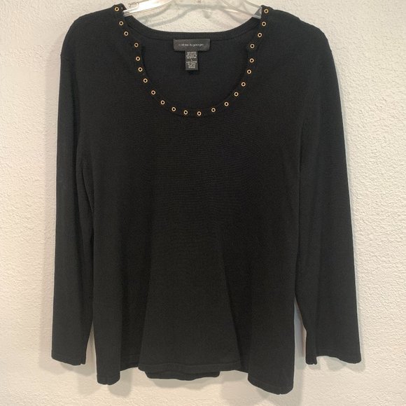 Cable & Gauge Black Pullover Sweater Gold Tone Metal Grommet Neckline Size Large - Picture 1 of 6